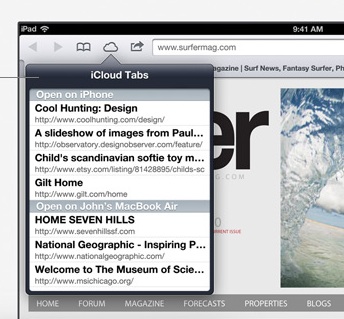 Screenshot of iCloud tabs menu in Mobile Safari on an iPad